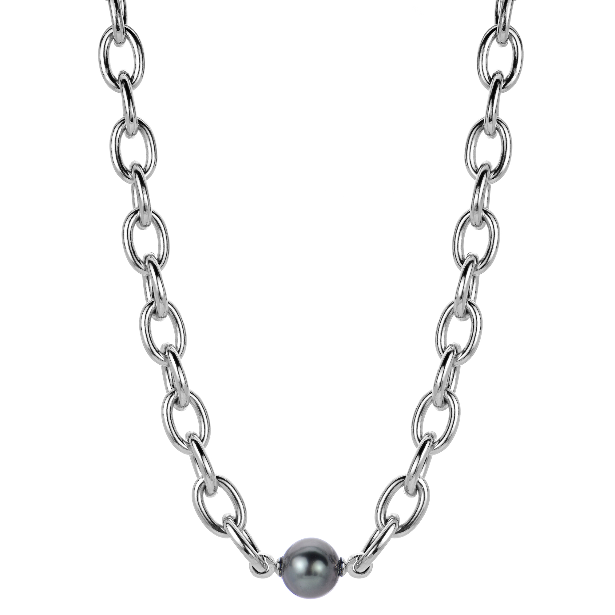 Men's 10-11mm Tahitian Pearl Sterling Silver Oval Link Chain Neck