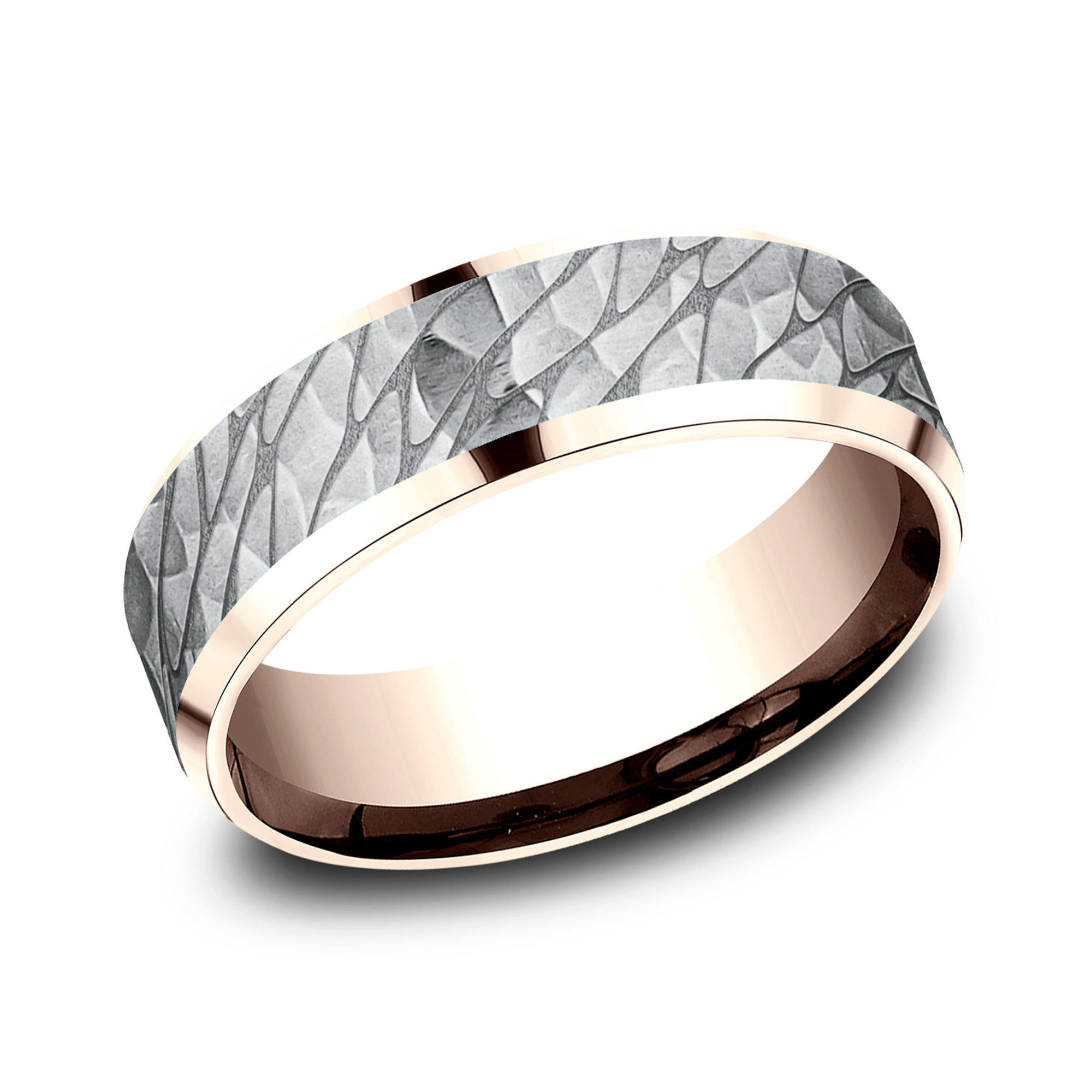 REEDS Mens 14K White Gold And Rose Gold 7Mm Hammered Pebble Lightweight Comfort Fit Wedding Band - Size 125 2500$