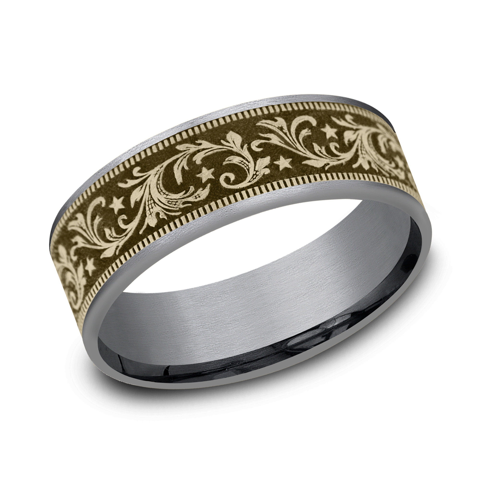 REEDS Mens 14K Yellow Gold And Grey Tantalum 75Mm Barrell Script And Stars Comfort Fit Wedding Band - Size 85 2700$