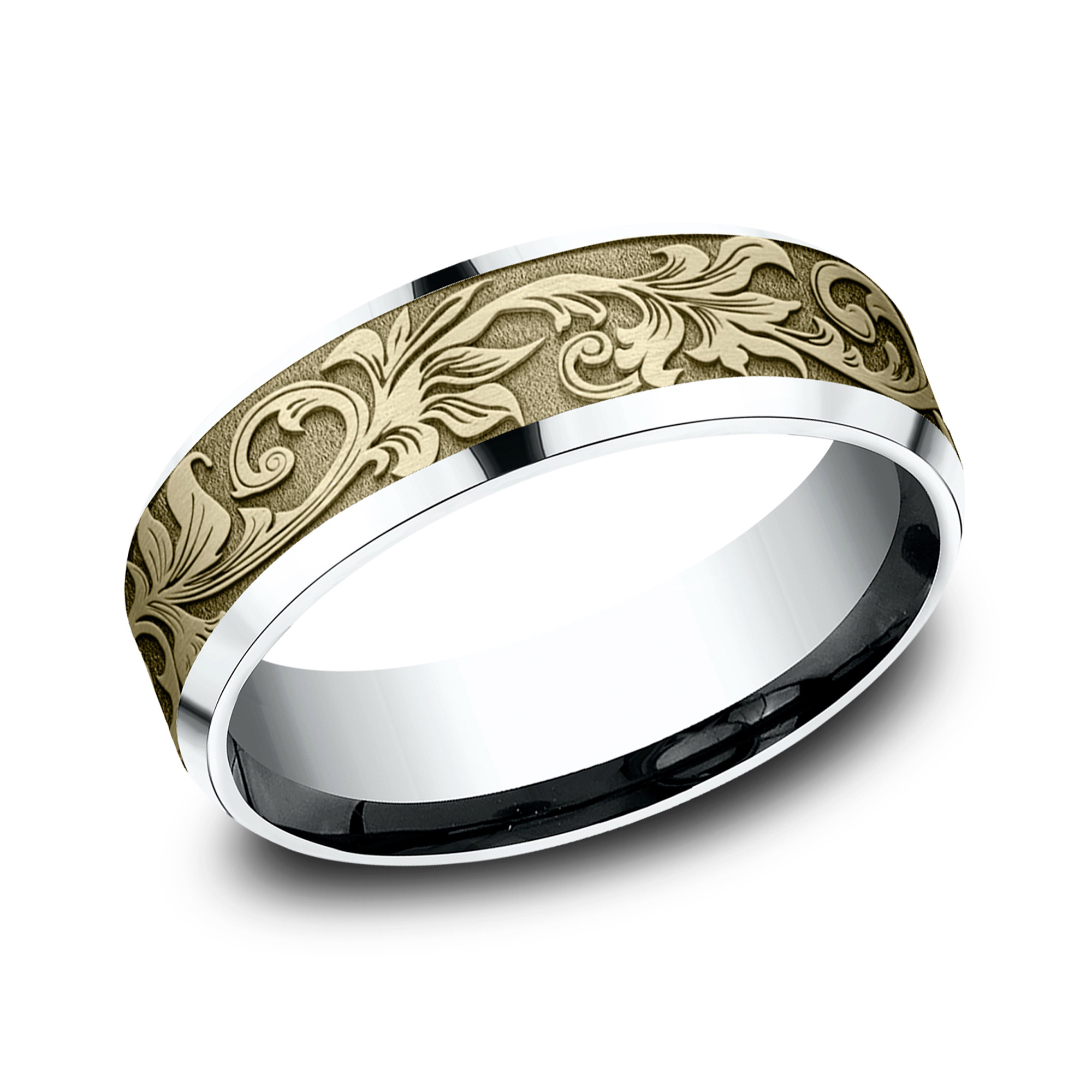 REEDS Mens 14K Yellow Gold And White Gold 7Mm Scrollwork Lightweight Comfort Fit Wedding Band - Size 10 2500$