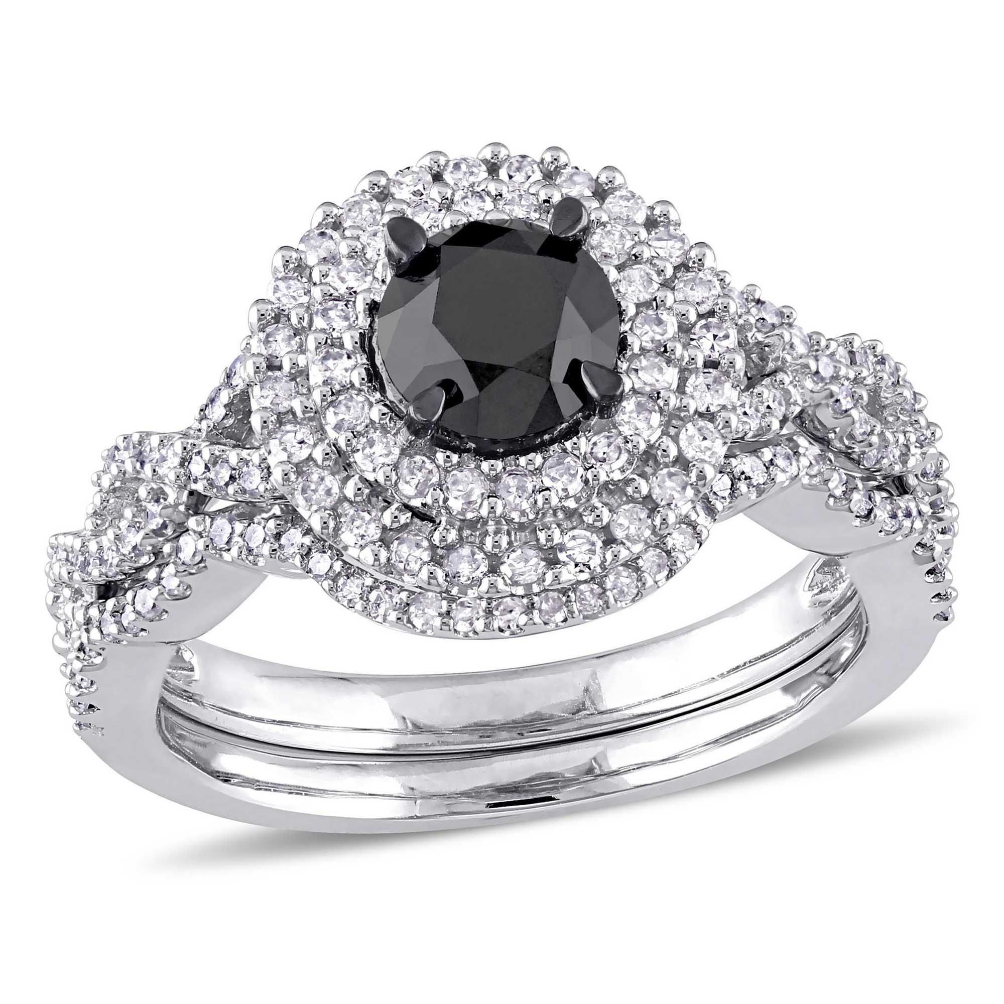 1 1/2ctw Black Diamond and Diamond Double Halo Engagement and Wedding Ring Bridal Set - Size 7.5