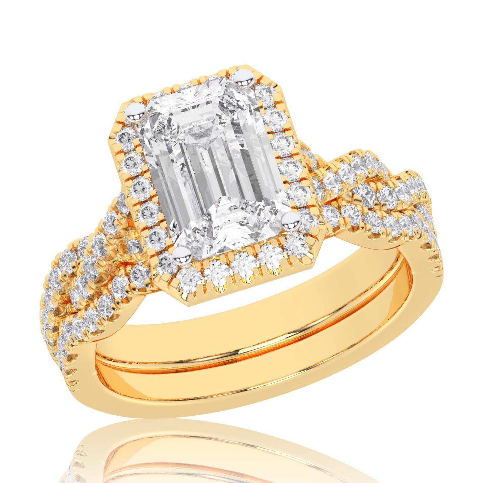 1 1/2ctw Emerald Lab Grown Diamond Halo Twist Band Yellow Gold Engagement and Wedding Ring Bridal Set - Size 8