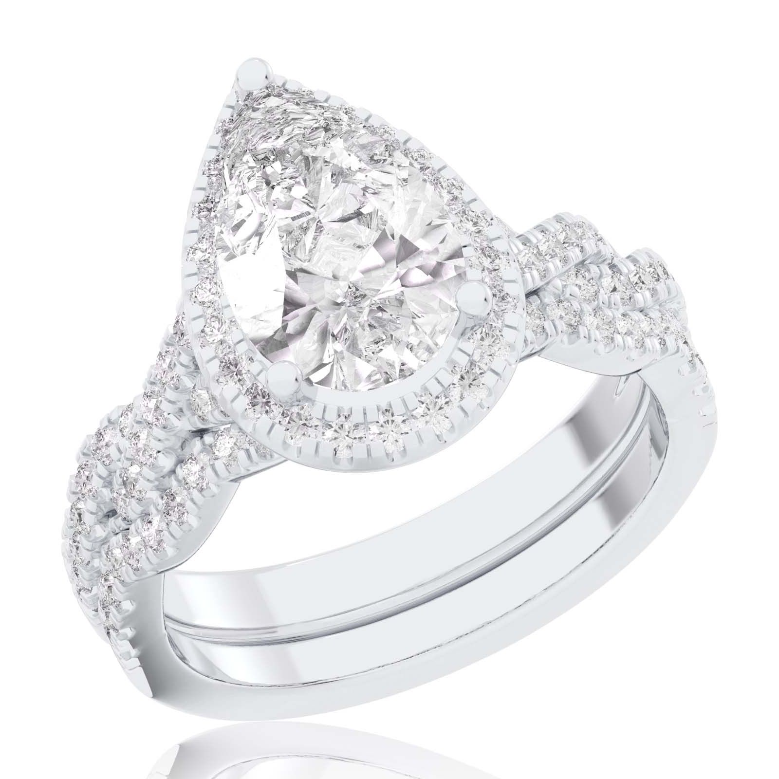 REEDS Women's 1 1/2Ctw Pear Lab Grown Diamond Halo Twist Band White Gold Engagement And Wedding Ring Bridal Set  Ring Size: 8