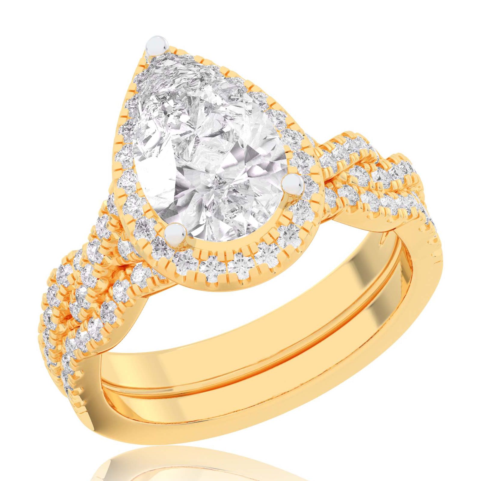 1 1/2ctw Pear Lab Grown Diamond Halo Twist Band Yellow Gold Engagement and Wedding Ring Bridal Set - Size 5