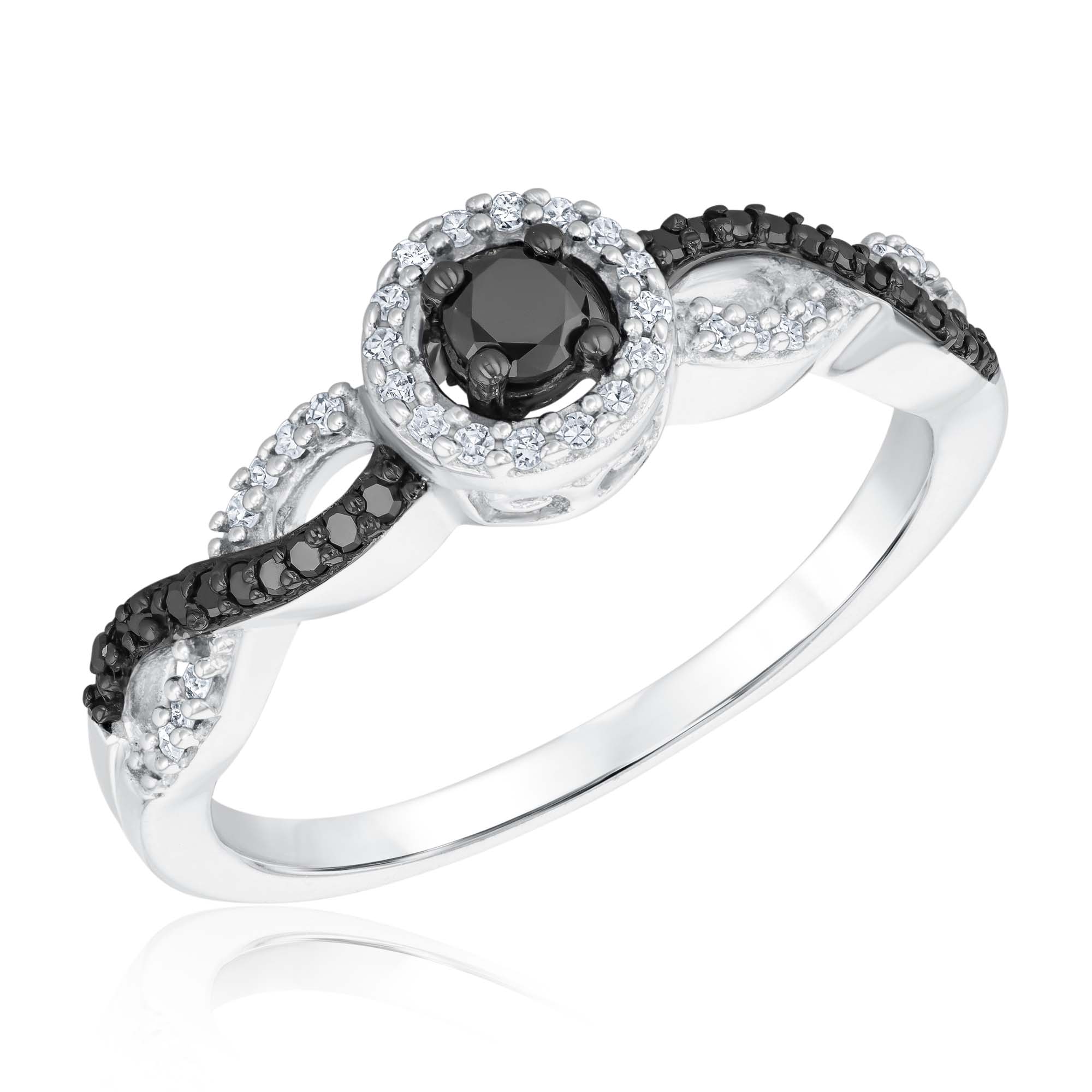 1/3ctw Treated Black Diamond and Diamond Sterling Silver Halo Twist Ring