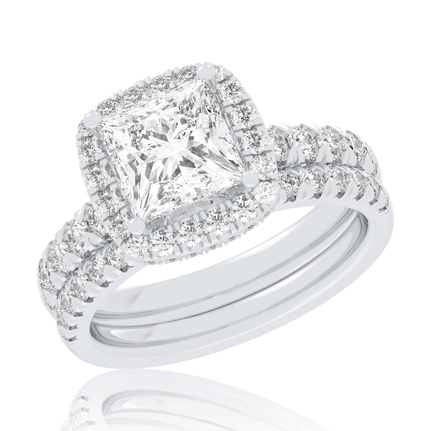 REEDS Women's 1 5/8Ctw Princess Lab Grown Diamond Halo White Gold Engagement And Wedding Ring Bridal Set  Ring Size: 6