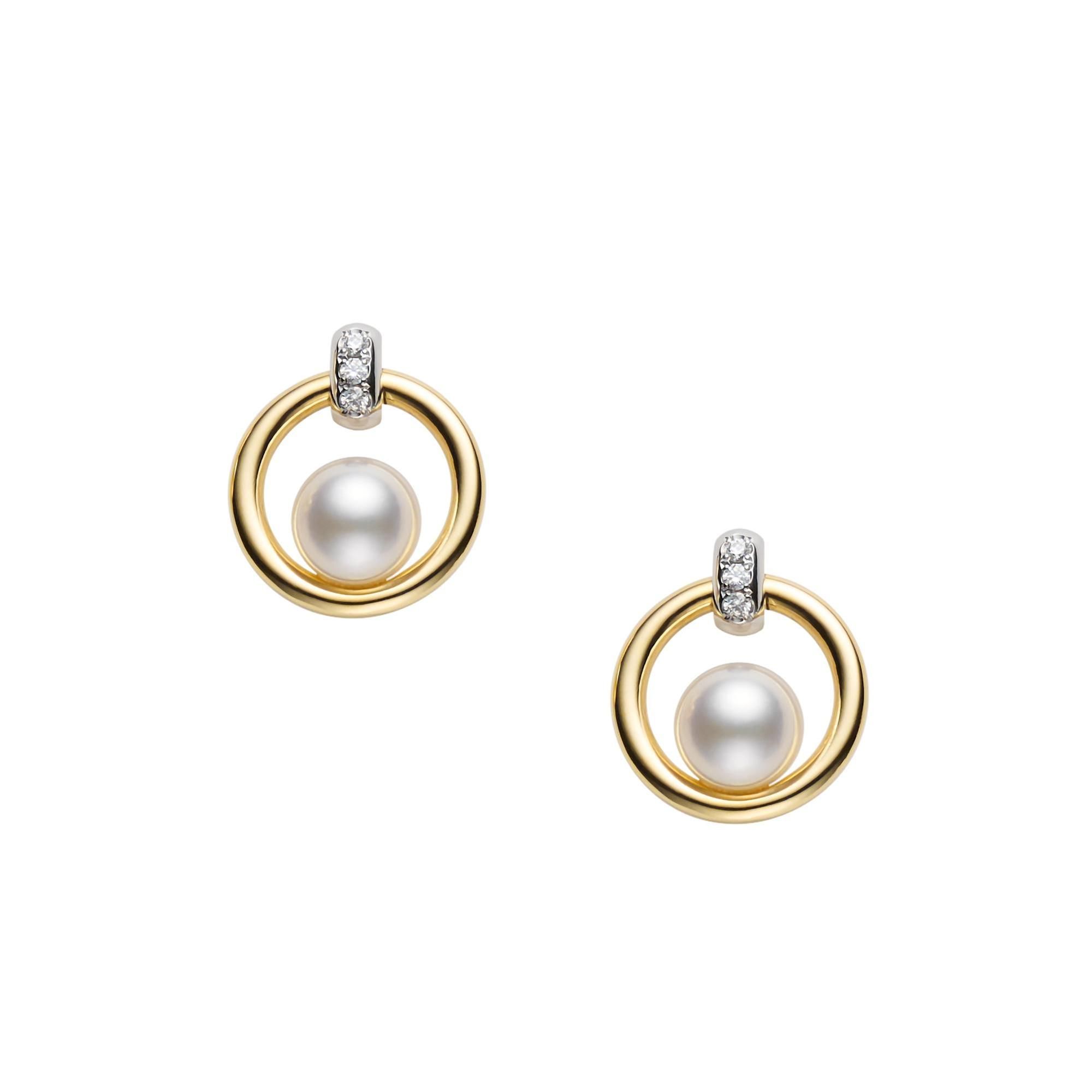 Mikimoto  Akoya Cultured Pearl and Diamond 18k Yellow Gold Circle Earrings