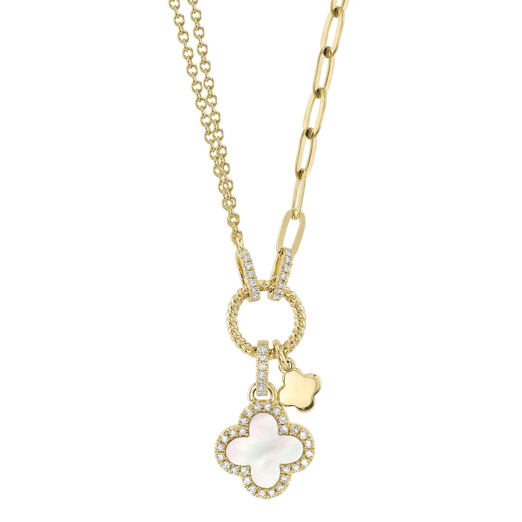 Shy Creation  MotherofPearl and 18ctw Diamond Clover 14k Yellow Gold Necklace