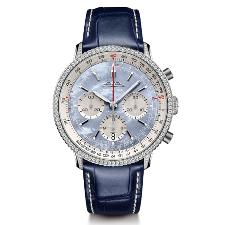 Breitling Navitimer B01 Chronograph 41 Blue MotherofPearl Dial Lab Grown Diamond Blue Leather Strap Watch AB01396A1C1P1 Breitling Navitimer B01 Chronograph 41 Blue MotherofPearl Dial Lab Grown Diamond Blue Leather Strap Watch AB01396A1C1P1