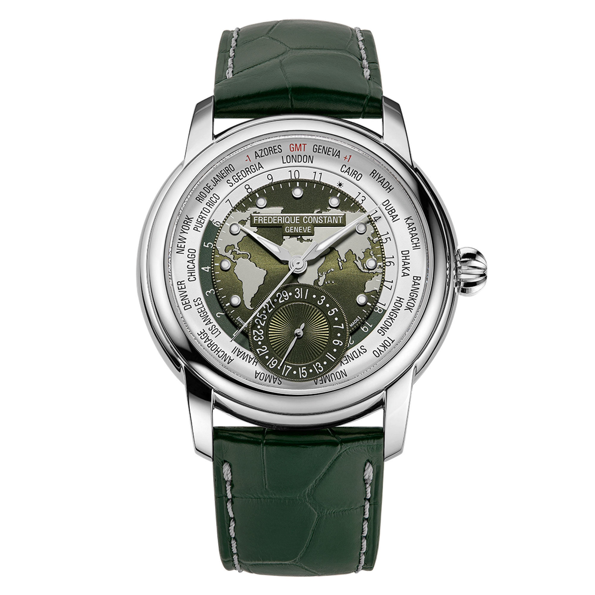 Frederique Constant  Limited Edition World Timer Manufacture Green Leather Strap Watch 42mm - FC-718KWM4H6