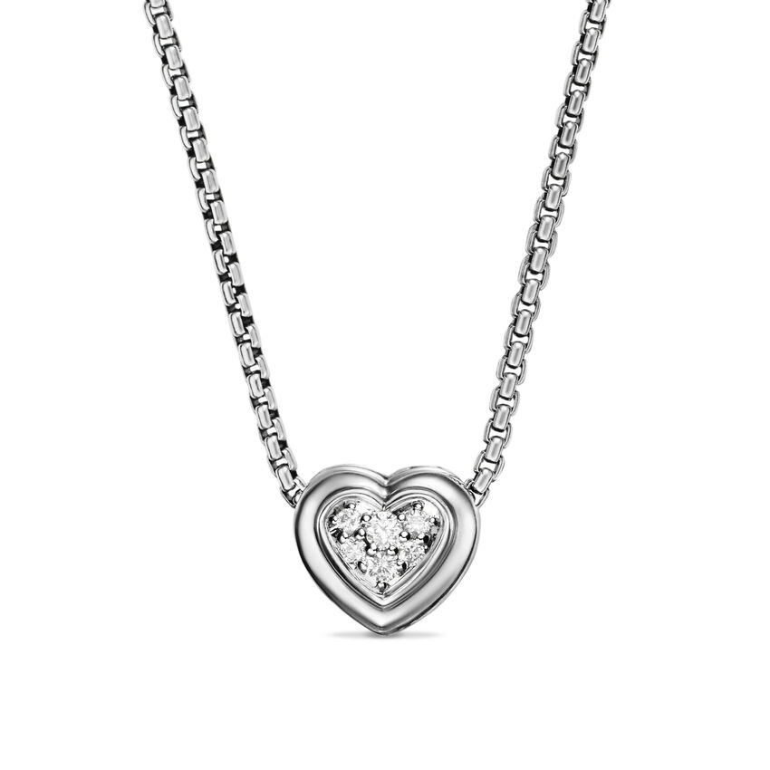 David Yurman  Puffy Heart Pendant Necklace in Sterling Silver with Diamonds  7.8mm