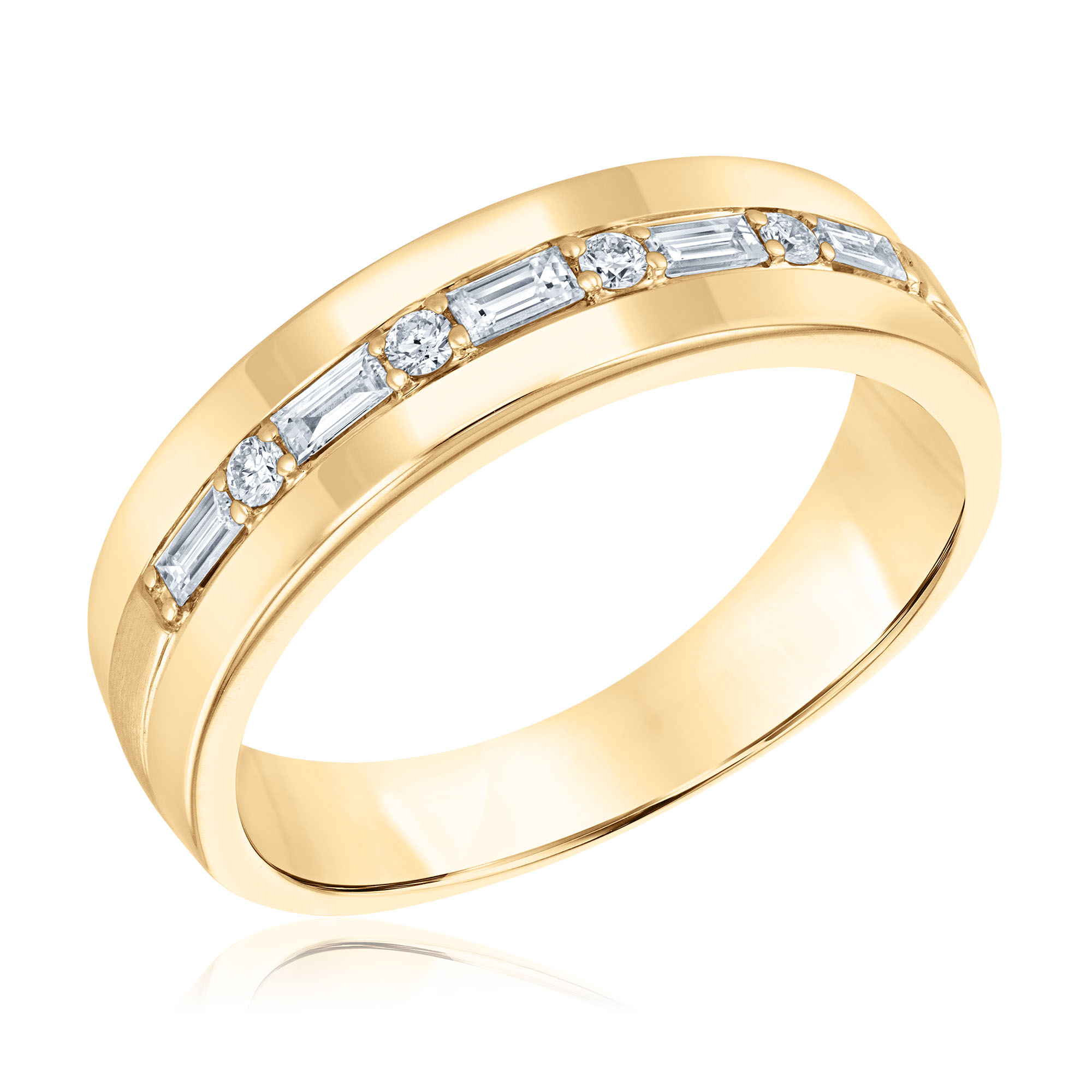 REEDS Men's 1/3Ctw Round And Baguette Diamond 14K Yellow Gold Wedding Band  Ring Size 8