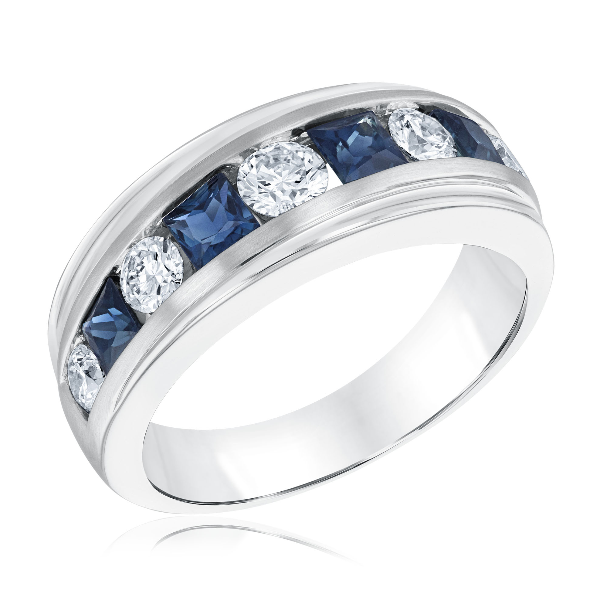 REEDS Men's Blue Sapphire And 1Ctw Diamond 14K White Gold Wedding Band  Ring Size 8