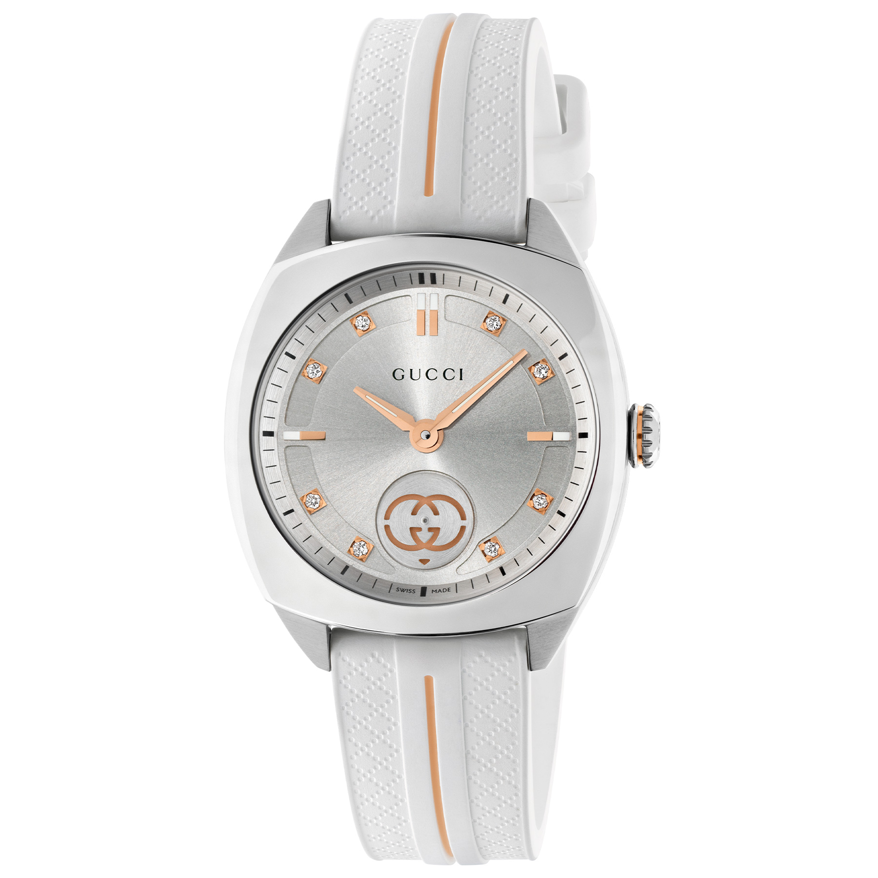 Gucci  Interlocking Silver Diamond Dial White Rubber Strap Watch 29mm  YA142512