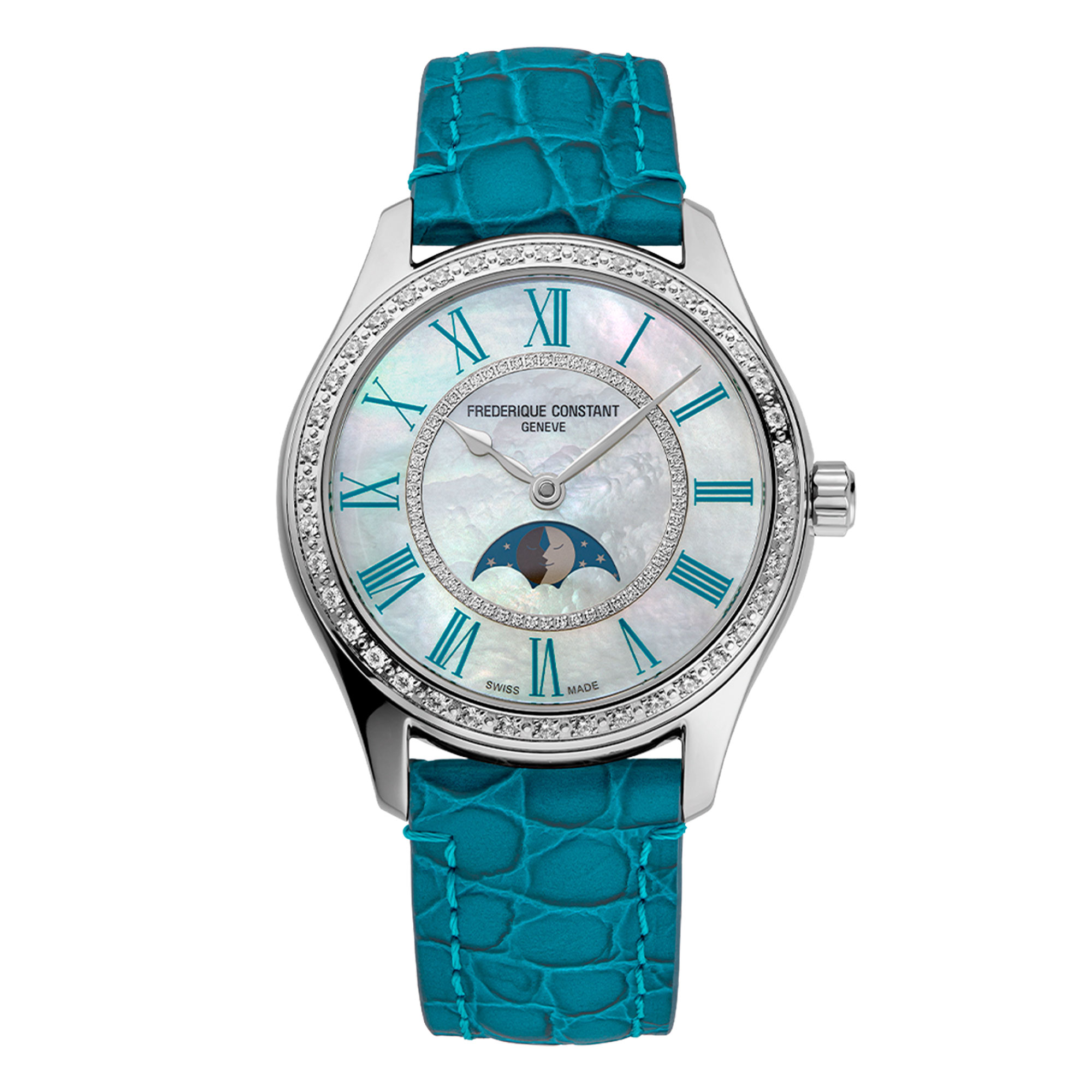 Classics Elegance Luna Diamond Accent Mother-of Pearl Dial Teal Leather Strap Watch 36mm - Frederique Constant FC-331MPWTD3BD6