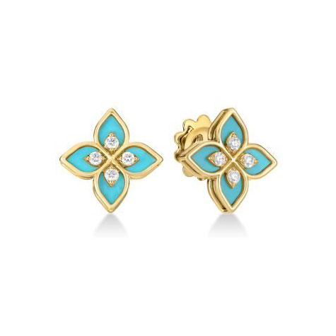 Roberto Coin  Venetian Princess 1/6ctw Diamond Cyan Enamel 18k Yellow Gold Flower Stud Earrings