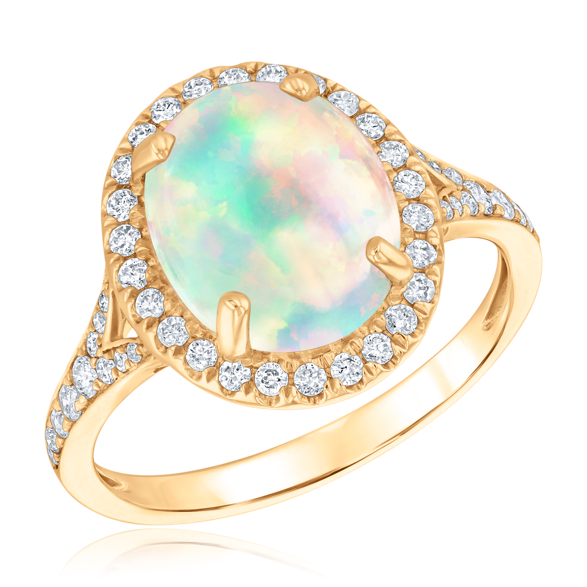 REEDS Women's Ethiopian Opal And 1/3Ctw Diamond 14K Yellow Gold Halo Ring - Watercolor Collection  Ring Size 9