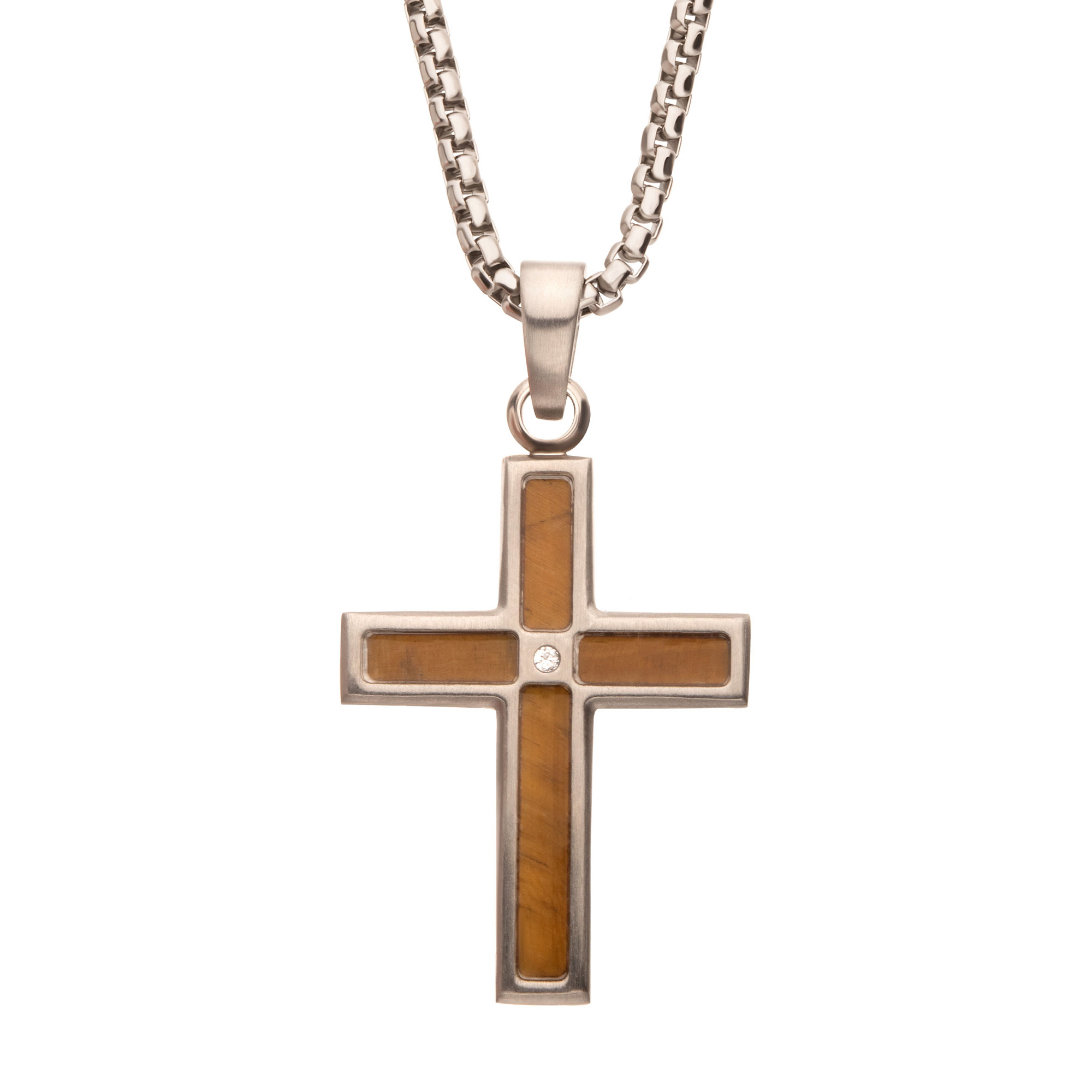 Inox Tigers Eye Inlay and Created White Sapphire Stainless Steel Cross Pendant Necklace 179$