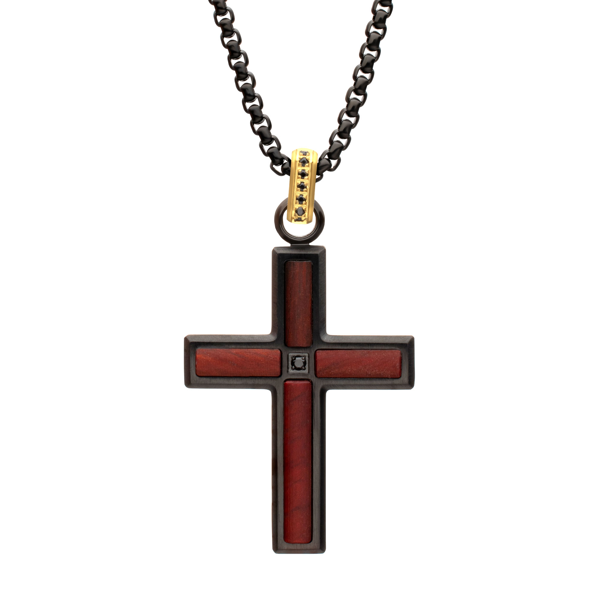 Inox Black Spinel and Sandalwood Inlay Black Ion-Plated Stainless Steel Cross Pendant Necklace 199$