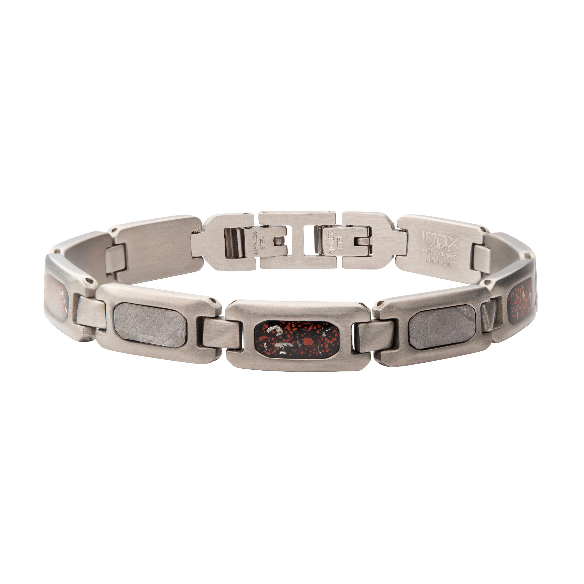 Inox Dinosaur Bone and Meteorite Inlay Gunmetal Ion-Plated Stainless Steel Link Bracelet 799$