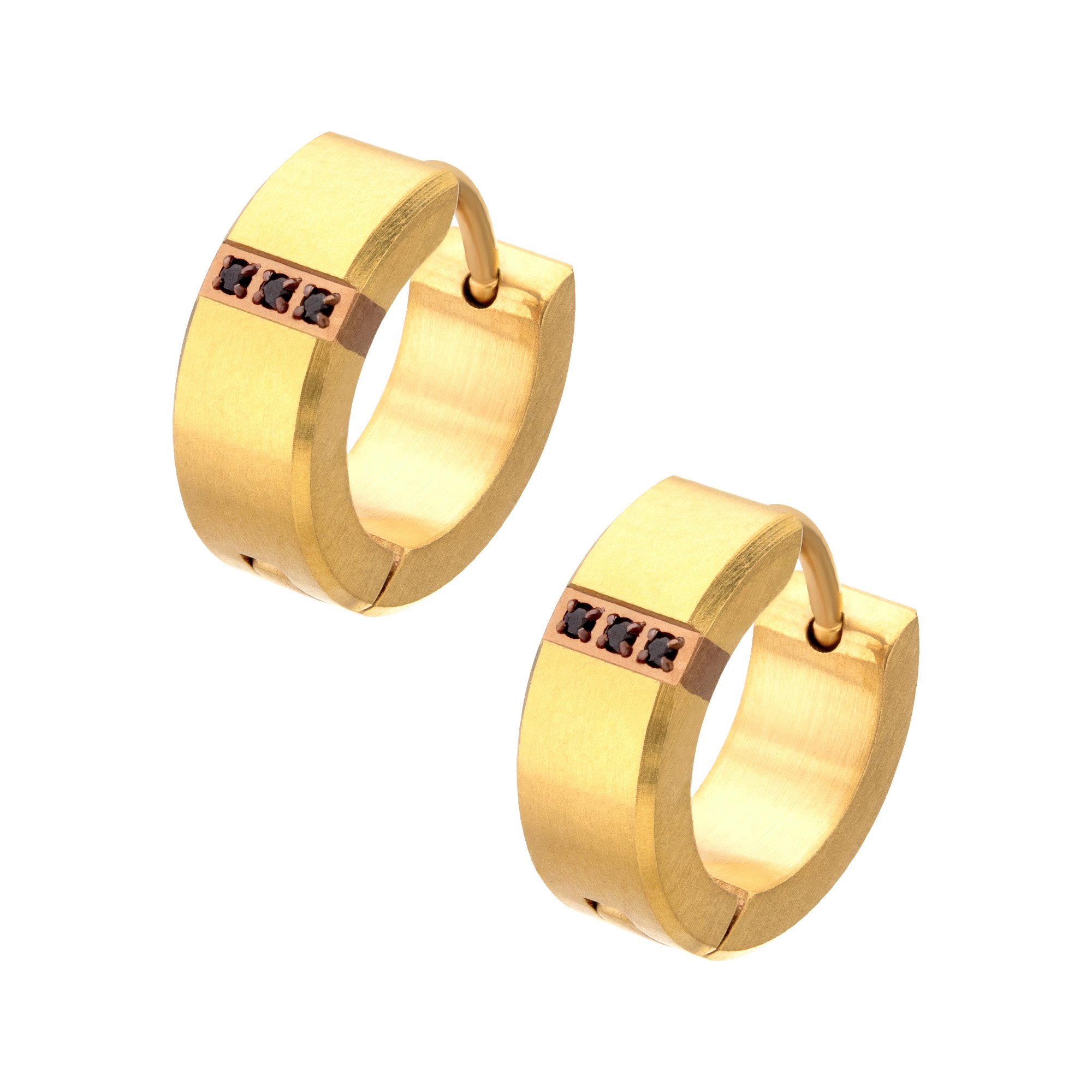 Inox  Black Sapphire Gold Ion-Plated Stainless Steel Huggie Hoop Earrings  13mm
