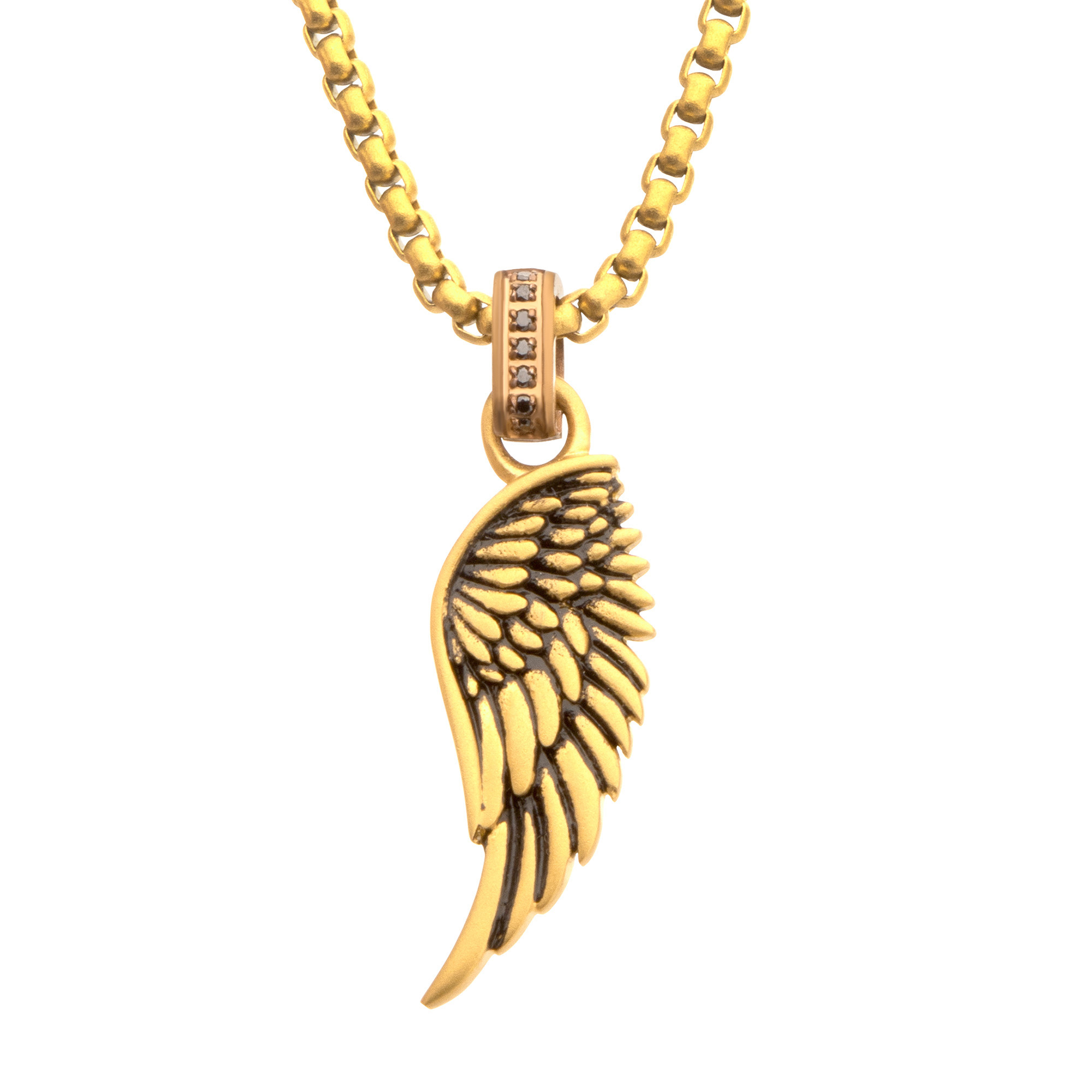 Inox Black Sapphire Gold Ion-Plated Stainless Steel Phoenix Wing Pendant Necklace 179$