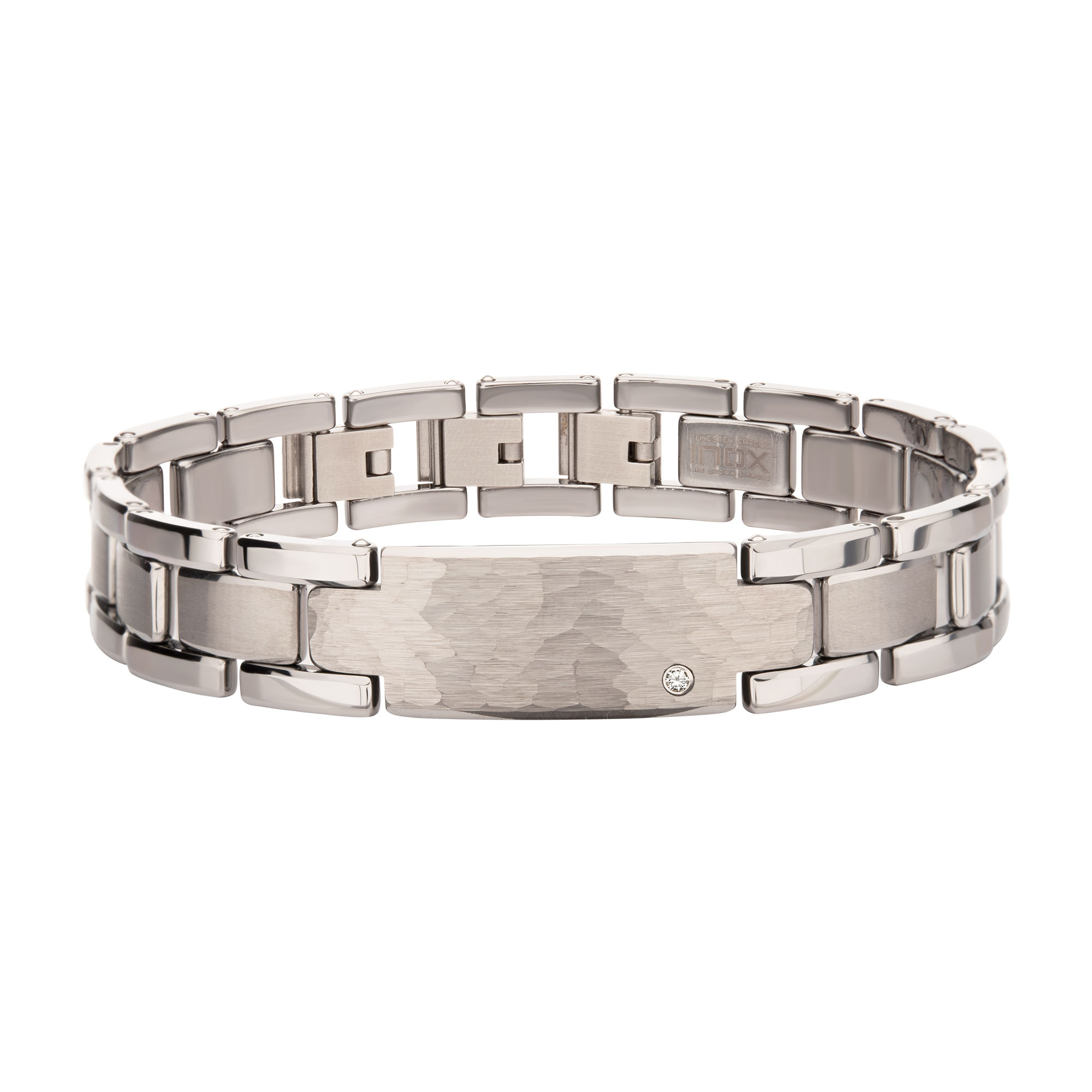 Inox  Created White Sapphire Tungsten Carbide Hammered ID Link Bracelet