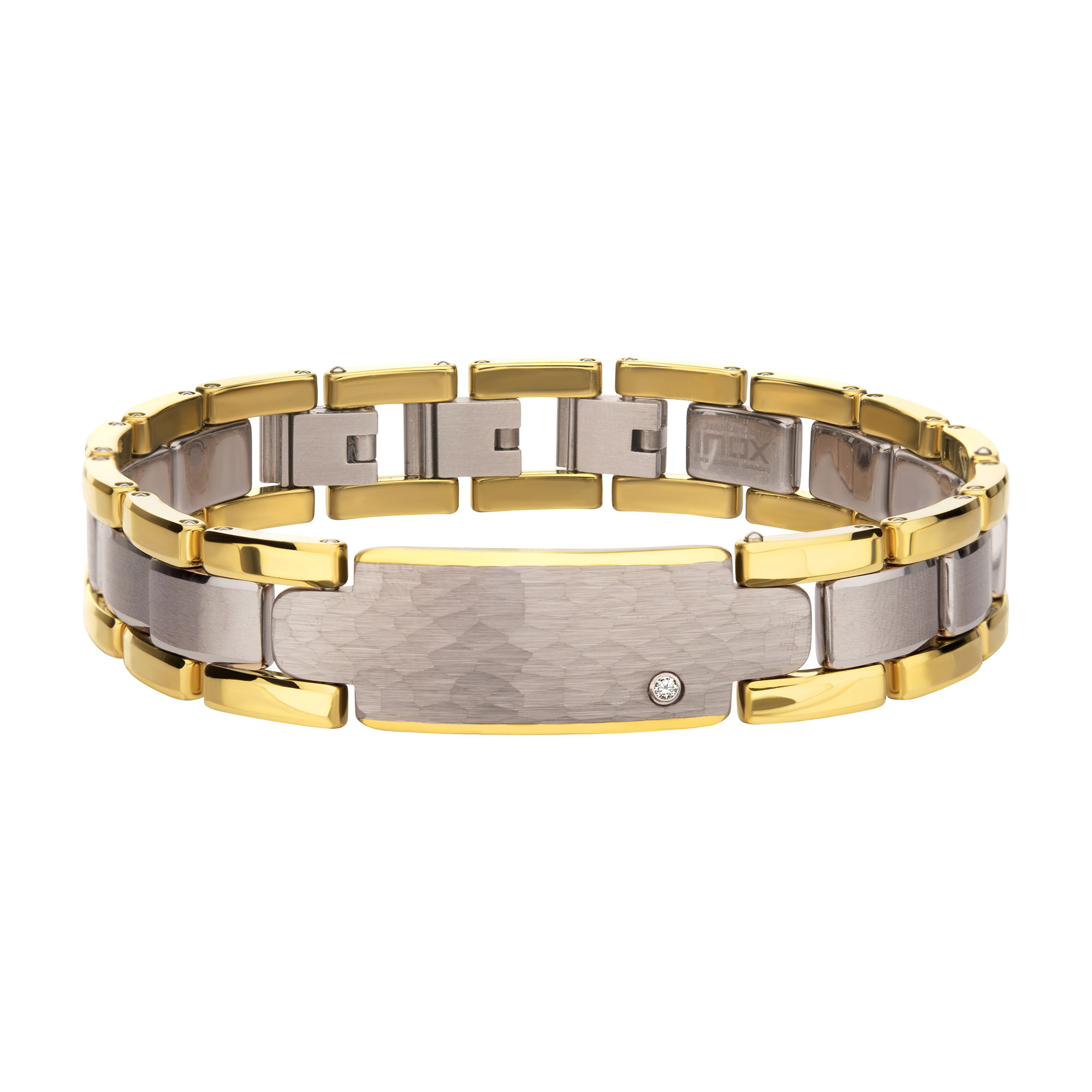 Inox  Created White Sapphire Tungsten Carbide and Gold Ion-Plated Hammered ID Link Bracelet