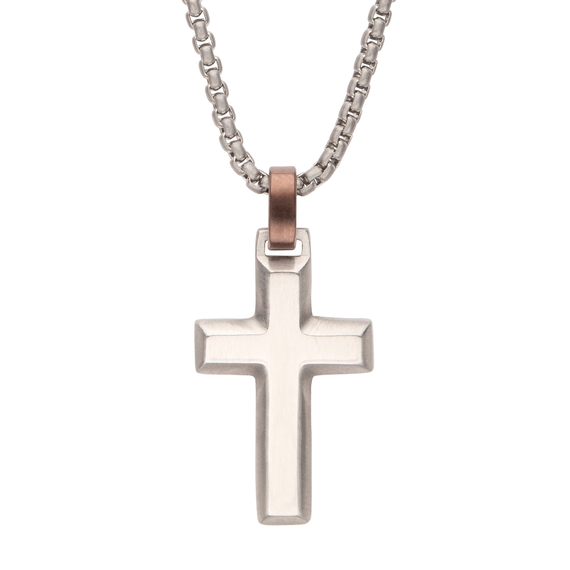 Inox  Stainless Steel Beveled Cross Pendant Necklace