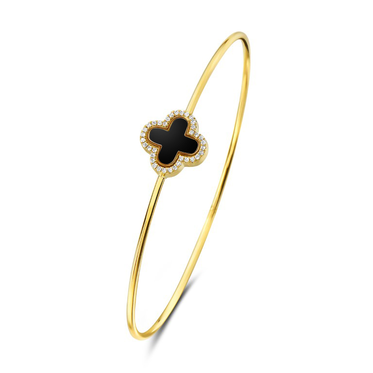 Bassali  Black Agate Clover and 1/10ctw Diamond 14k Yellow Gold Bangle Bracelet