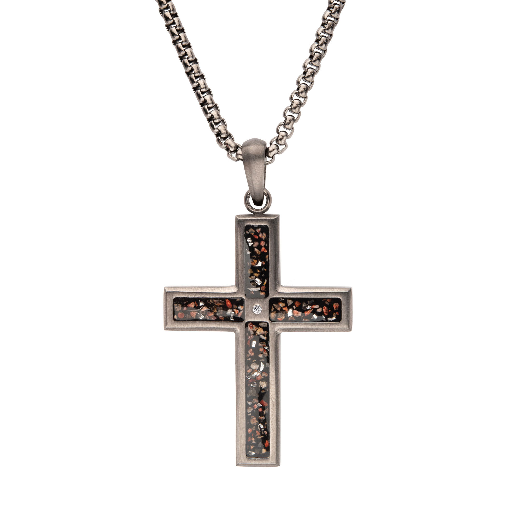 Inox  Dinosaur Bone and Created White Sapphire Gunmetal Ion-Plated Stainless Steel Cross Pendant Necklace