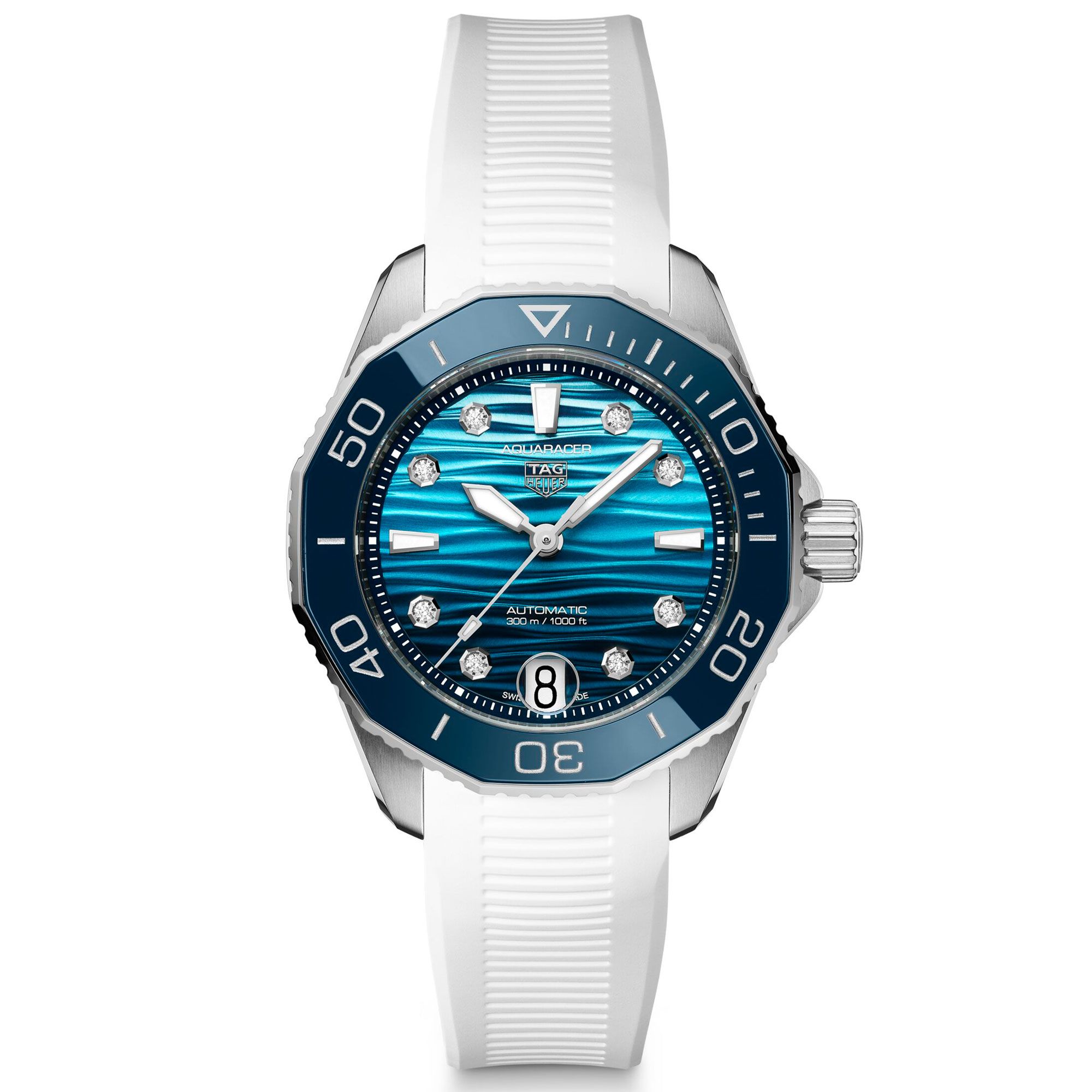 Tag Heuer  AQUARACER Professional 300 Date Automatic Blue Diamond Dial White Rubber Strap Watch 36mm  WBP231NFT6234