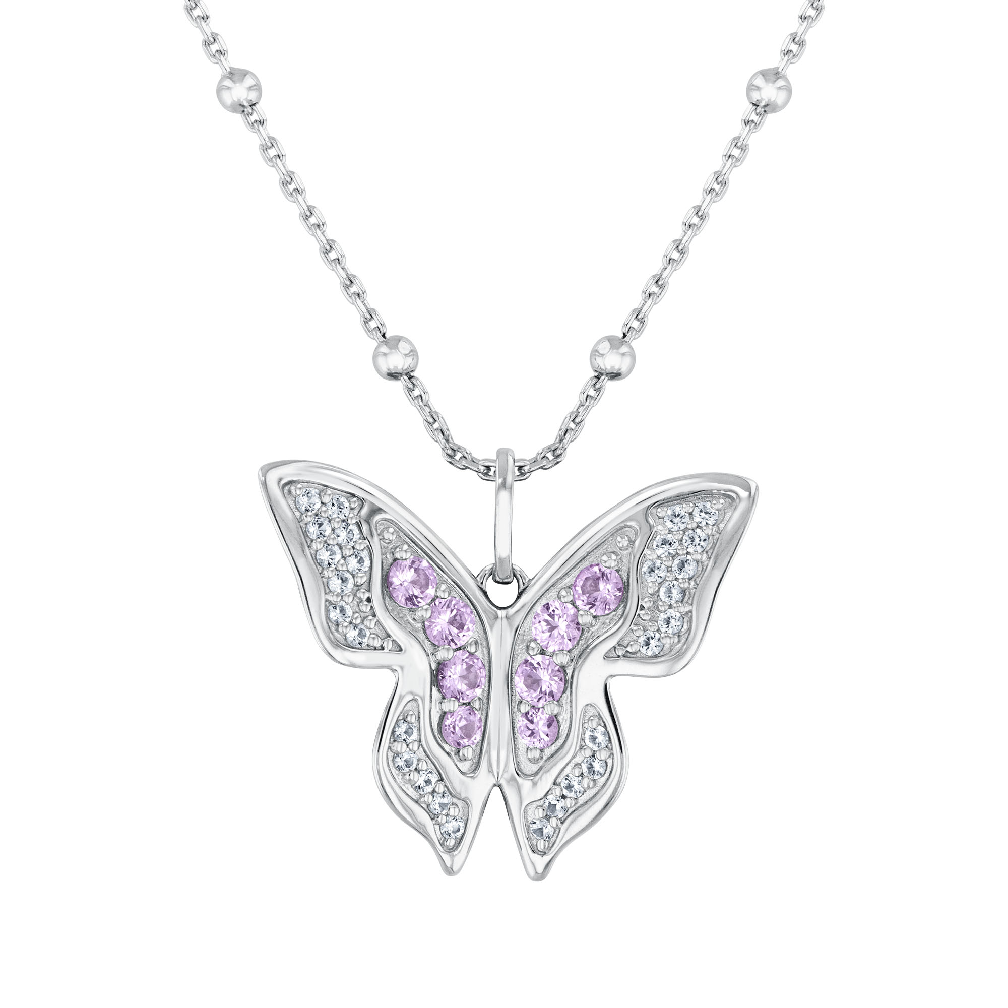 REEDS Wicked Glinda Created Pink Sapphire And Created White Sapphire Sterling Silver Butterfly Pendant Necklace