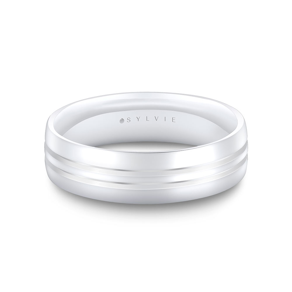Sylvie Men's  14k White Gold 6mm Heritage Polished Grooved  Band - Fletcher  Ring Size 10