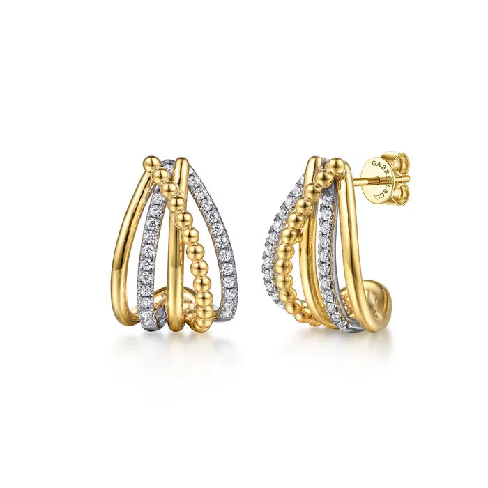 Gabriel Co 13ctw Diamond 14k Yellow and White Gold Bujukan Criss Cross J Hoop Earrings 2350$