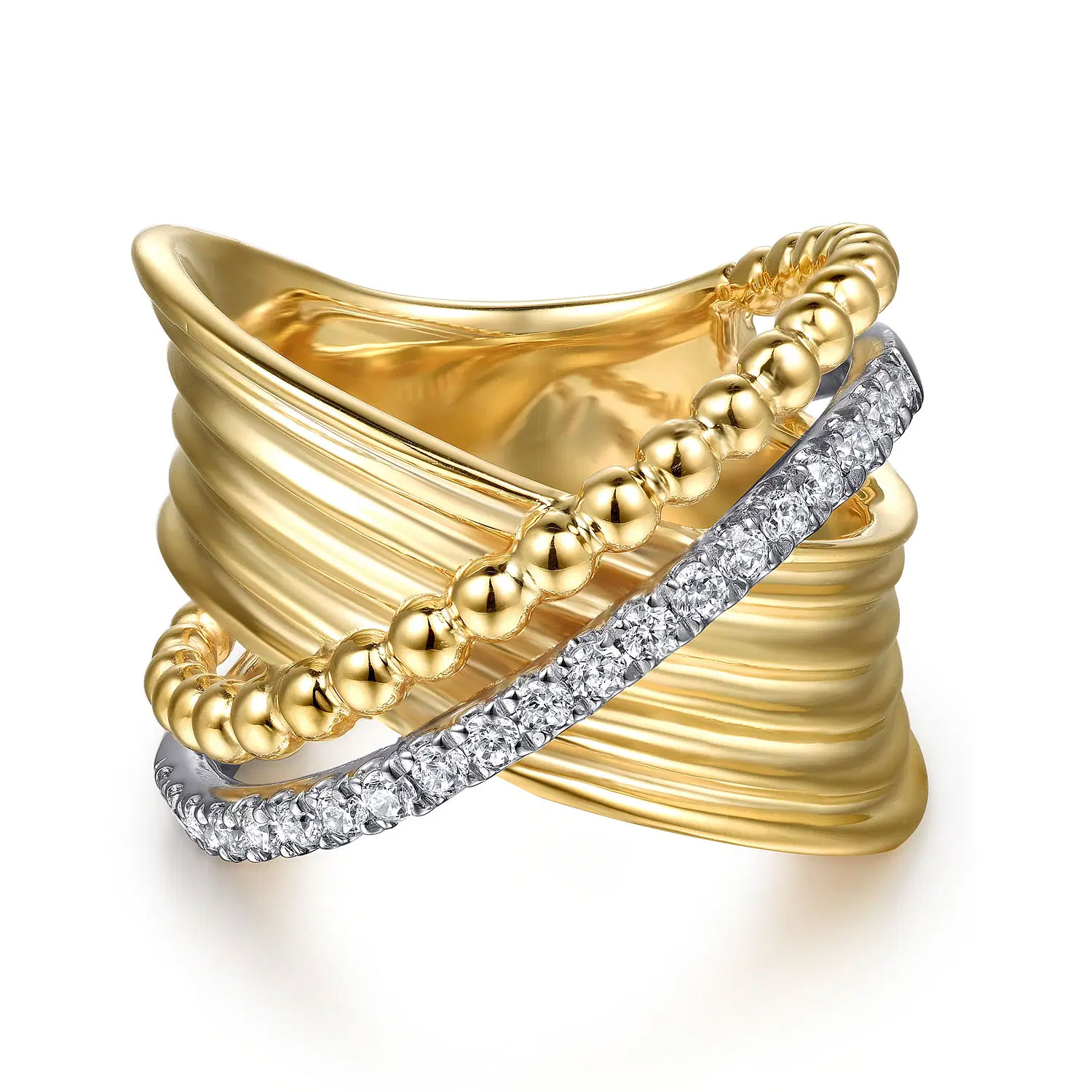 Gabriel Co Womens 13ctw Diamond 14k Yellow and White Gold Bujukan Criss Cross Ring Ring Size 8 3950$