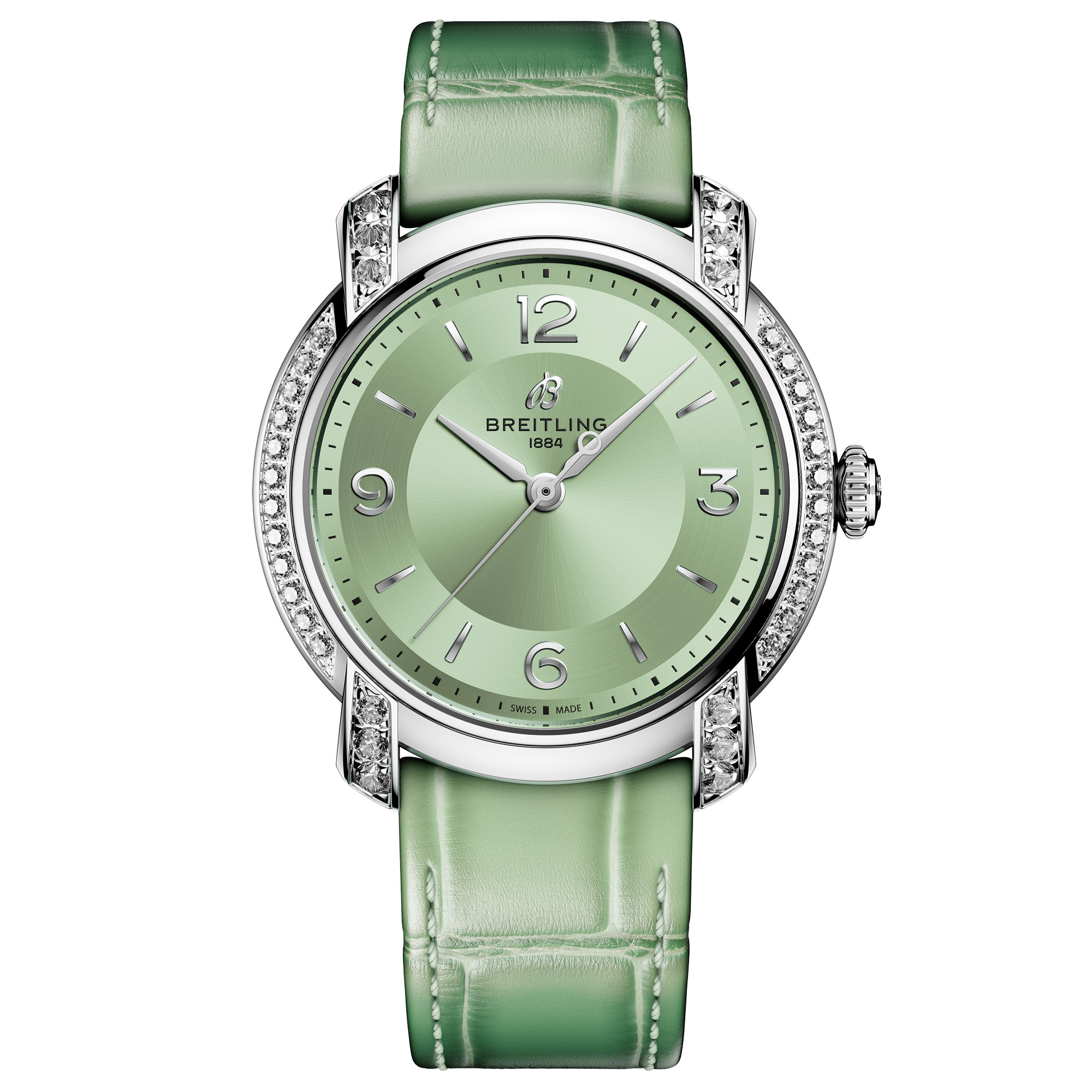 Breitling  Lady Premier Automatic 36 Sage Green Dial Lab Grown Diamond Leather Strap Watch 36mm  A10310671L1P1