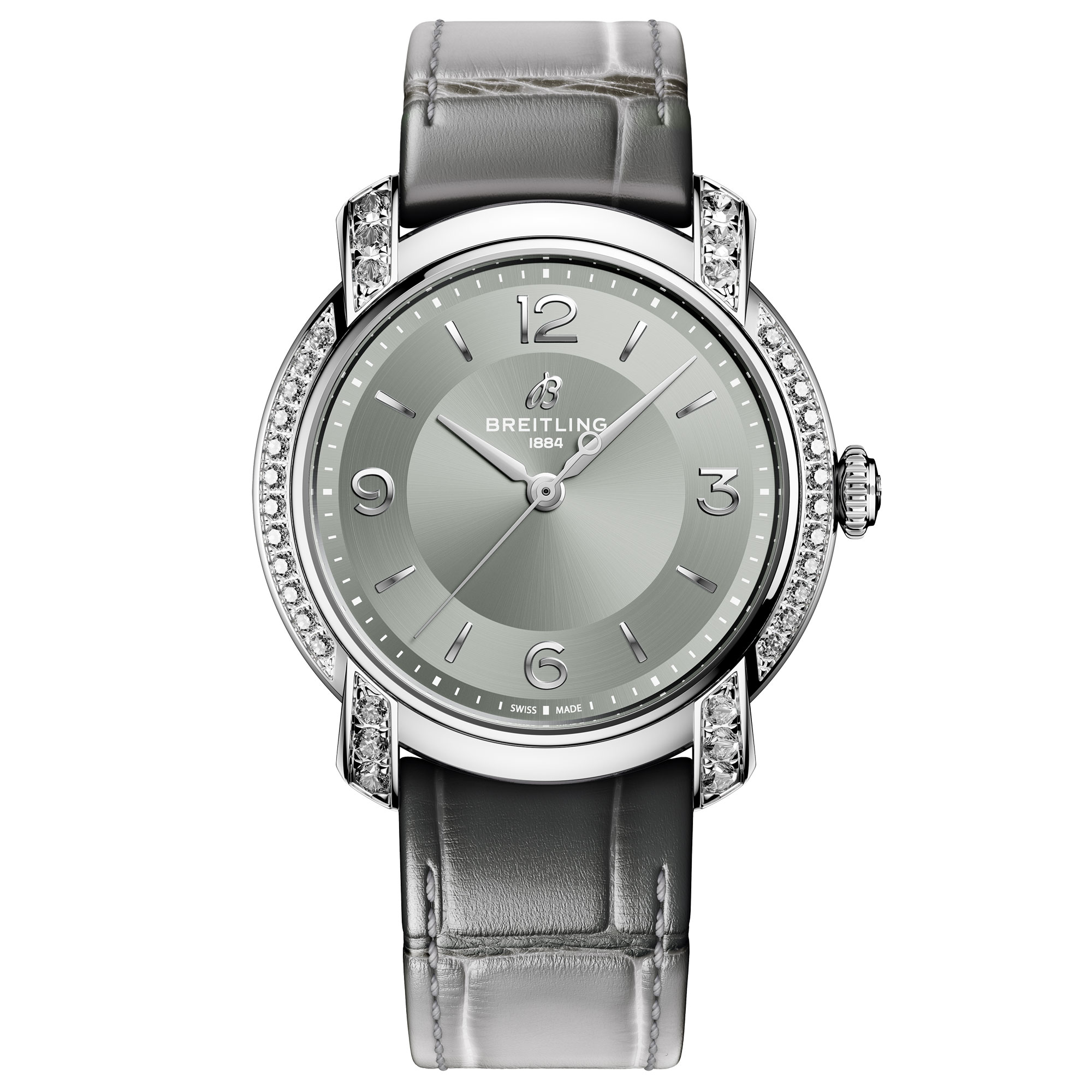 Breitling  Lady Premier Automatic 36 Dove Grey Dial Lab Grown Diamond Leather Strap Watch 36mm  A10310671M1P1