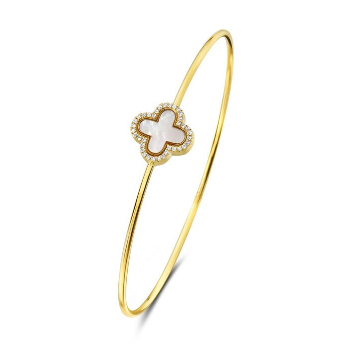 Bassali  Mother-of-Pearl Clover and 1/10ctw Diamond 14k Yellow Gold Bangle Bracelet