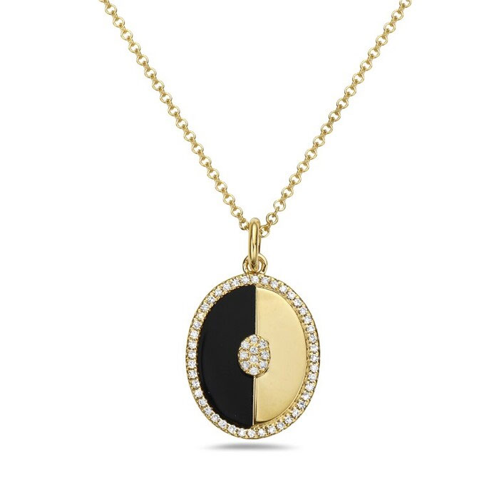 Bassali Black Agate and 18ctw Diamond 14k Yellow Gold Oval Pendant Necklace 1495$