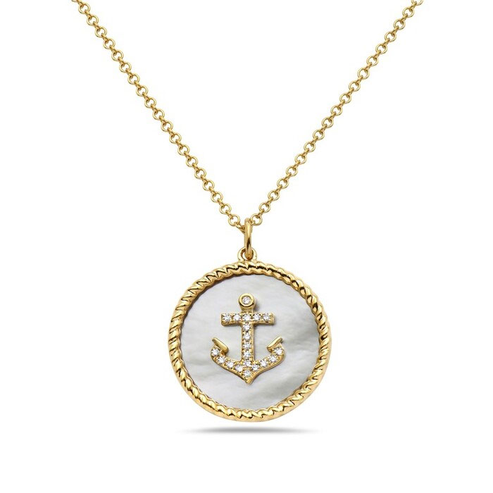 Bassali Mother-of-Pearl and 120ctw Diamond 14k Yellow Gold Anchor Pendant Necklace 1350$
