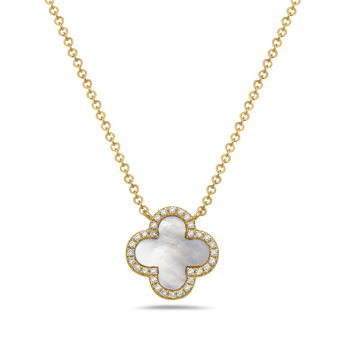Bassali Mother-of-Pearl and 110ctw Diamond 14k Yellow Gold Clover Pendant Necklace 1700$