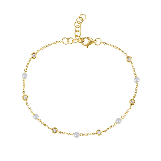 Bassali Freshwater Cultured Pearl and 110ctw Diamond 14k Yellow Gold Station Bracelet 1200$