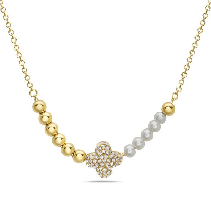 Bassali Freshwater Cultured Pearl and 18ctw Diamond 14k Yellow Gold Clover Necklace 1800$