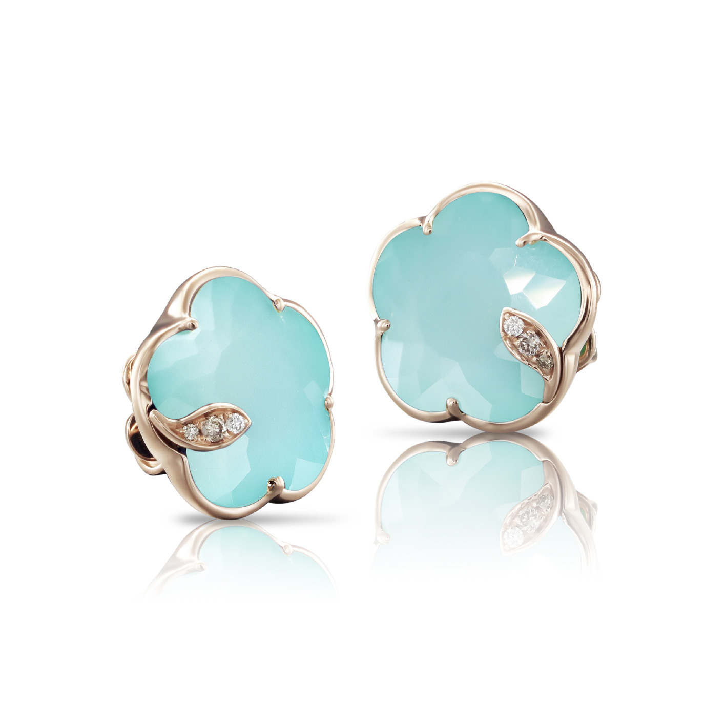 Pasquale Bruni  Petit Joli Stud Earrings in 18k Rose Gold with Sea Moon Gem  White and Champagne Diamonds