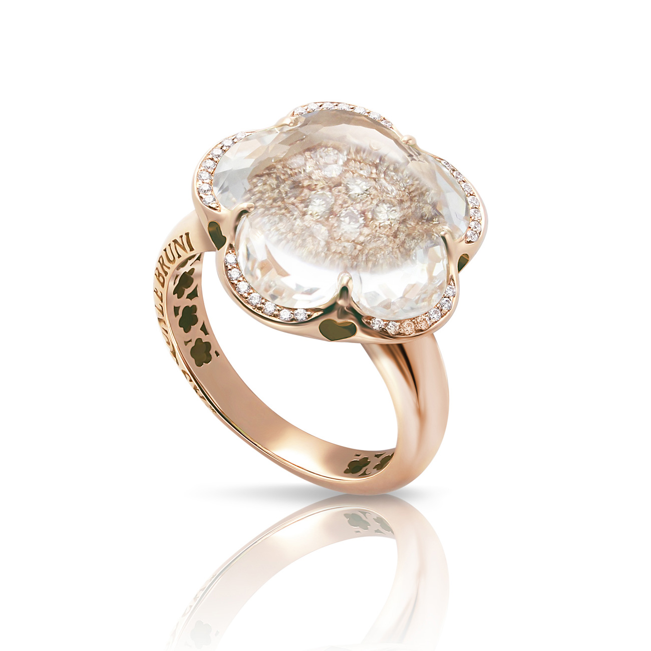 Pasquale Bruni Womens Bon Ton Ring in 18k Rose Gold with Rock Crystal White and Champagne Diamonds - Size 7 5850$