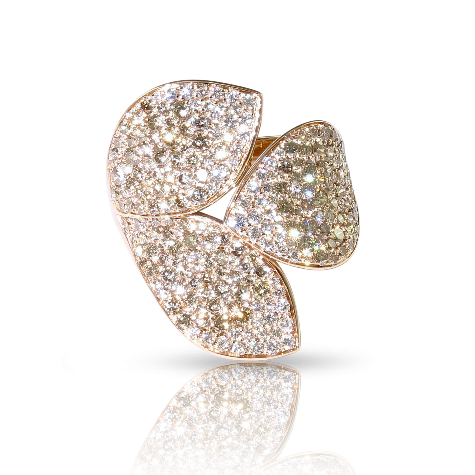 Pasquale Bruni Womens Giardini Segreti Three Leaves Ring in 18k Rose Gold with White and Champagne Diamonds - Size 7 13000$