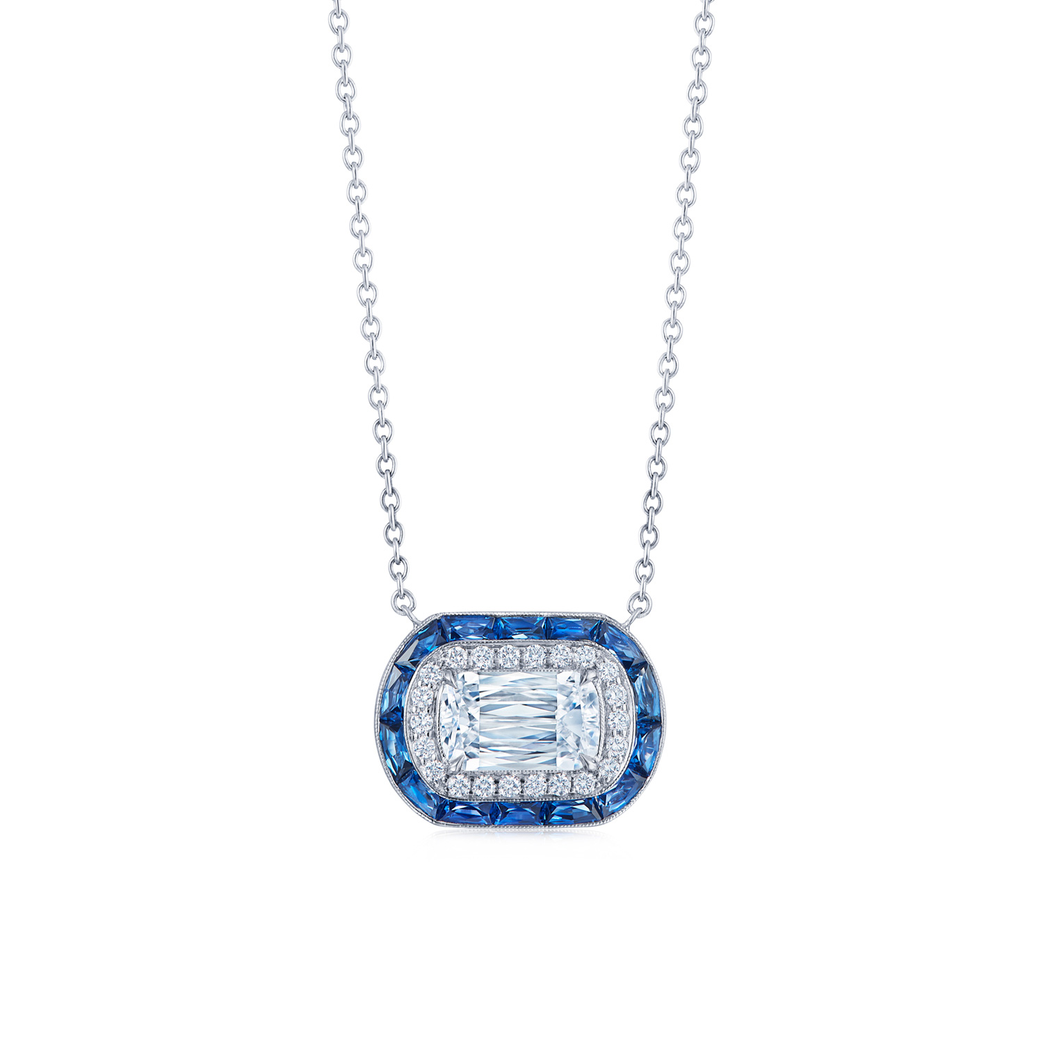 Kwiat  Ashoka Diamond and Sapphire 18k White Gold Halo Pendant Necklace