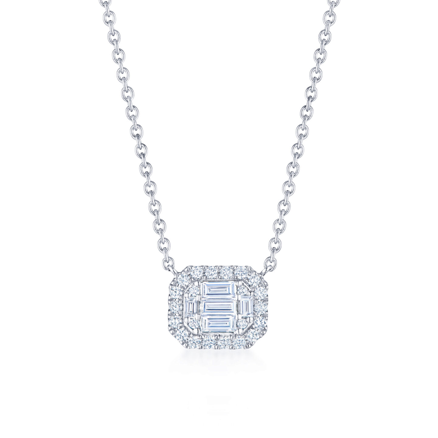 Kwiat  Sunburst 3/8ctw Emerald Diamond 18k White Gold Halo Pendant Necklace