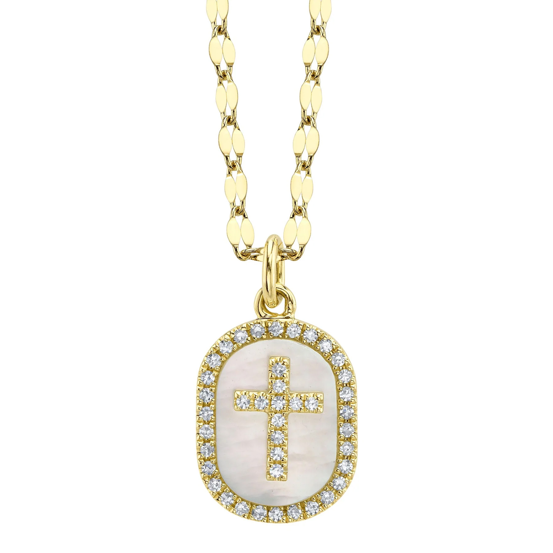Shy Creation  MotherofPearl and 110ctw Diamond 14k Yellow Gold Cross Necklace